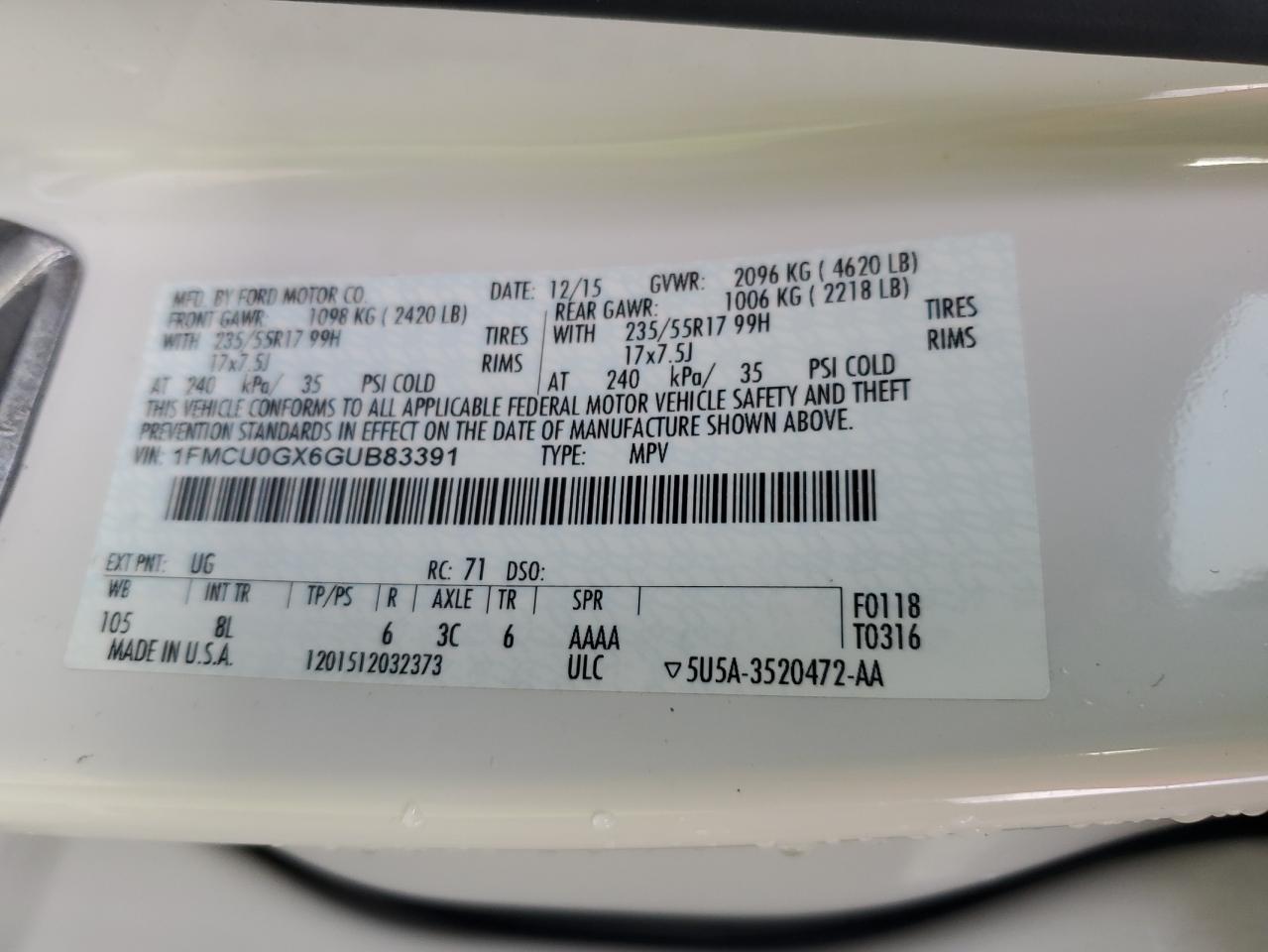 Lot #3290255232 2016 FORD ESCAPE SE