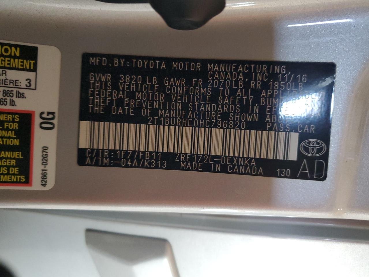 Lot #3309521551 2017 TOYOTA COROLLA L