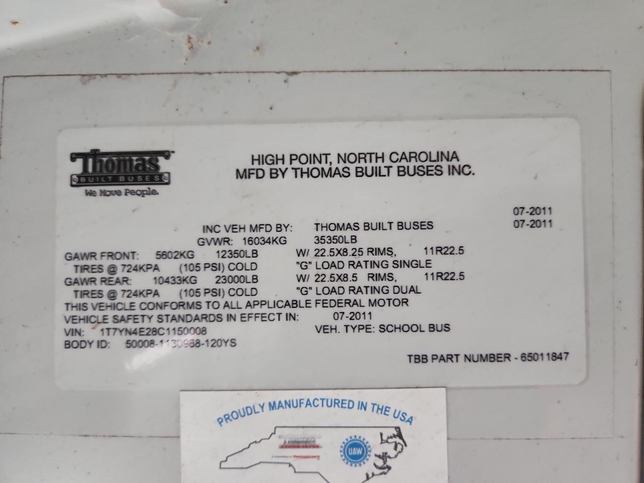 Lot #3286471797 2012 THOMAS SCHOOL BUS