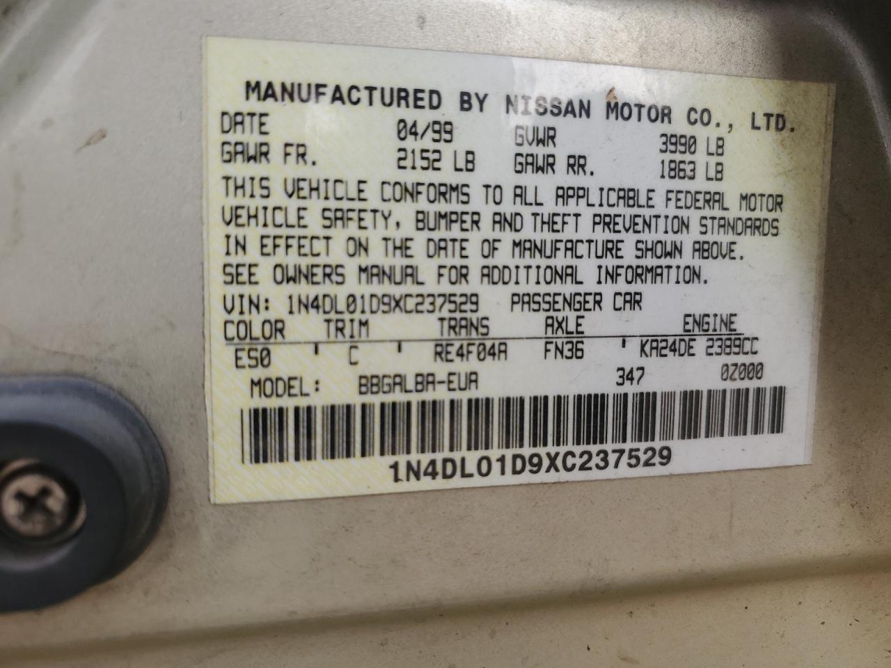 Lot #3298020137 1999 NISSAN ALTIMA XE