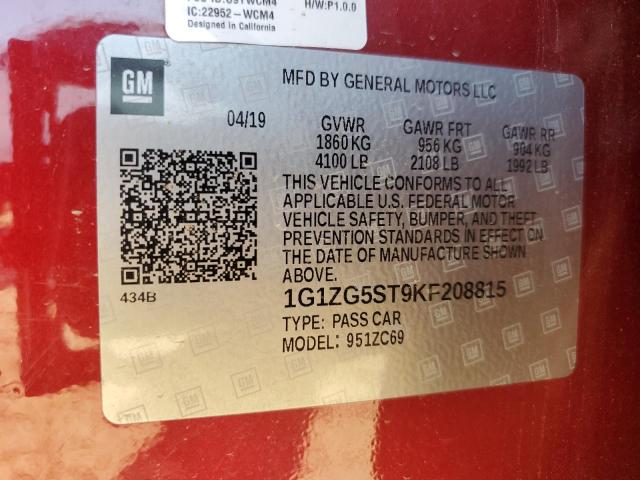 2019 CHEVROLET MALIBU RS - 1G1ZG5ST9KF208815