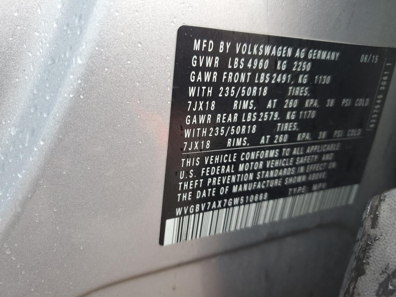 Lot #3302115156 2016 VOLKSWAGEN TIGUAN S