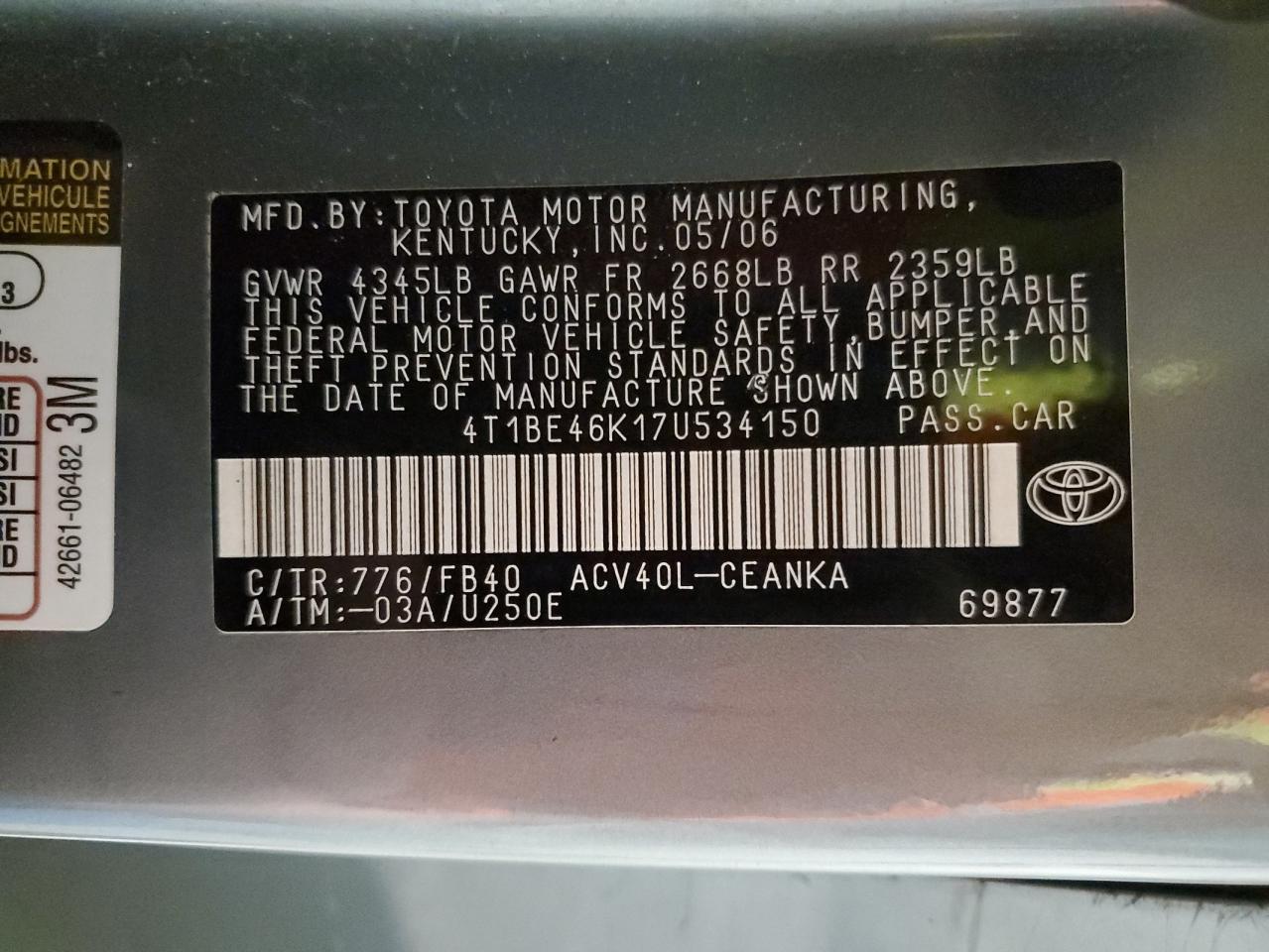 Lot #3285798655 2007 TOYOTA CAMRY CE