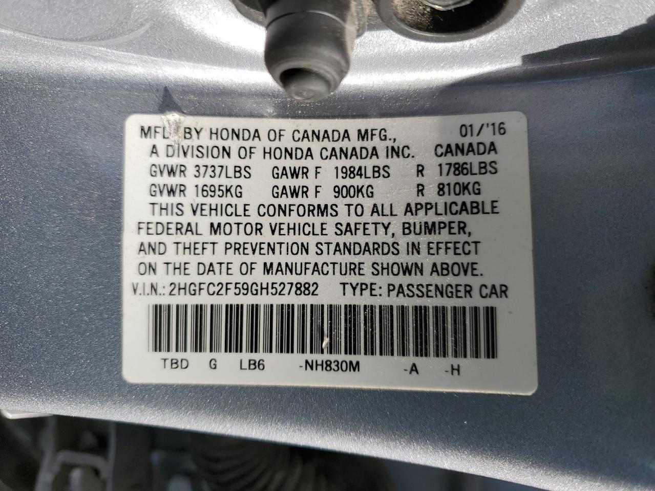 Lot #3318015489 2016 HONDA CIVIC LX