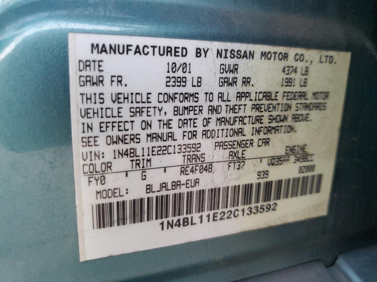 Lot #3297147560 2002 NISSAN ALTIMA SE