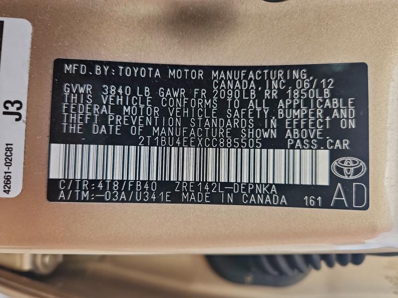 2012 TOYOTA COROLLA BA #3301787346