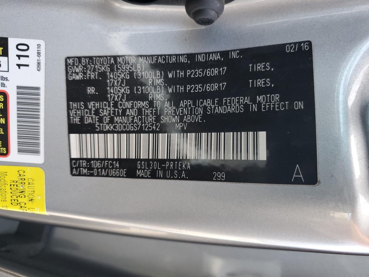 Lot #3291355132 2016 TOYOTA SIENNA LE