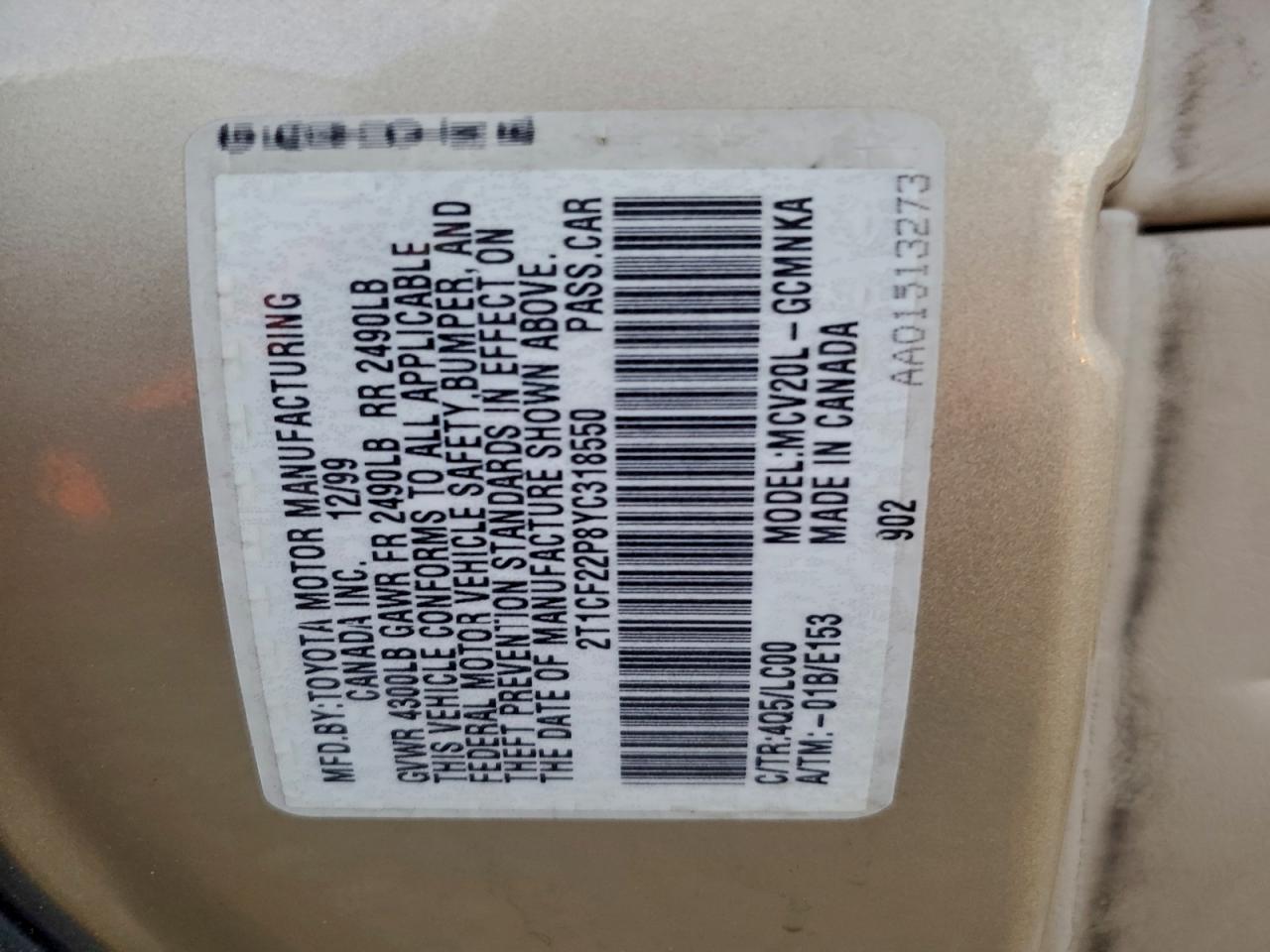 Lot #3297420197 2000 TOYOTA CAMRY SOLA