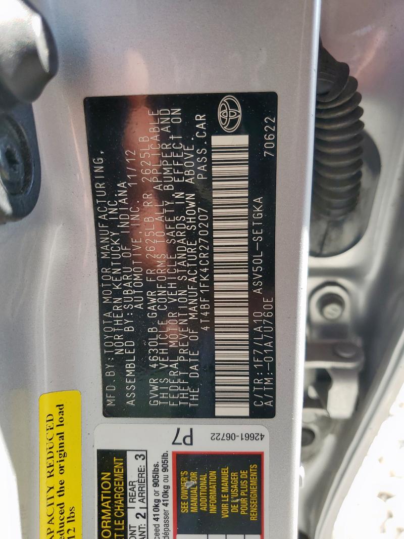 2012 TOYOTA CAMRY BASE #3304015652