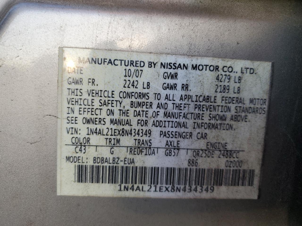 Lot #3302726010 2008 NISSAN ALTIMA 2.5