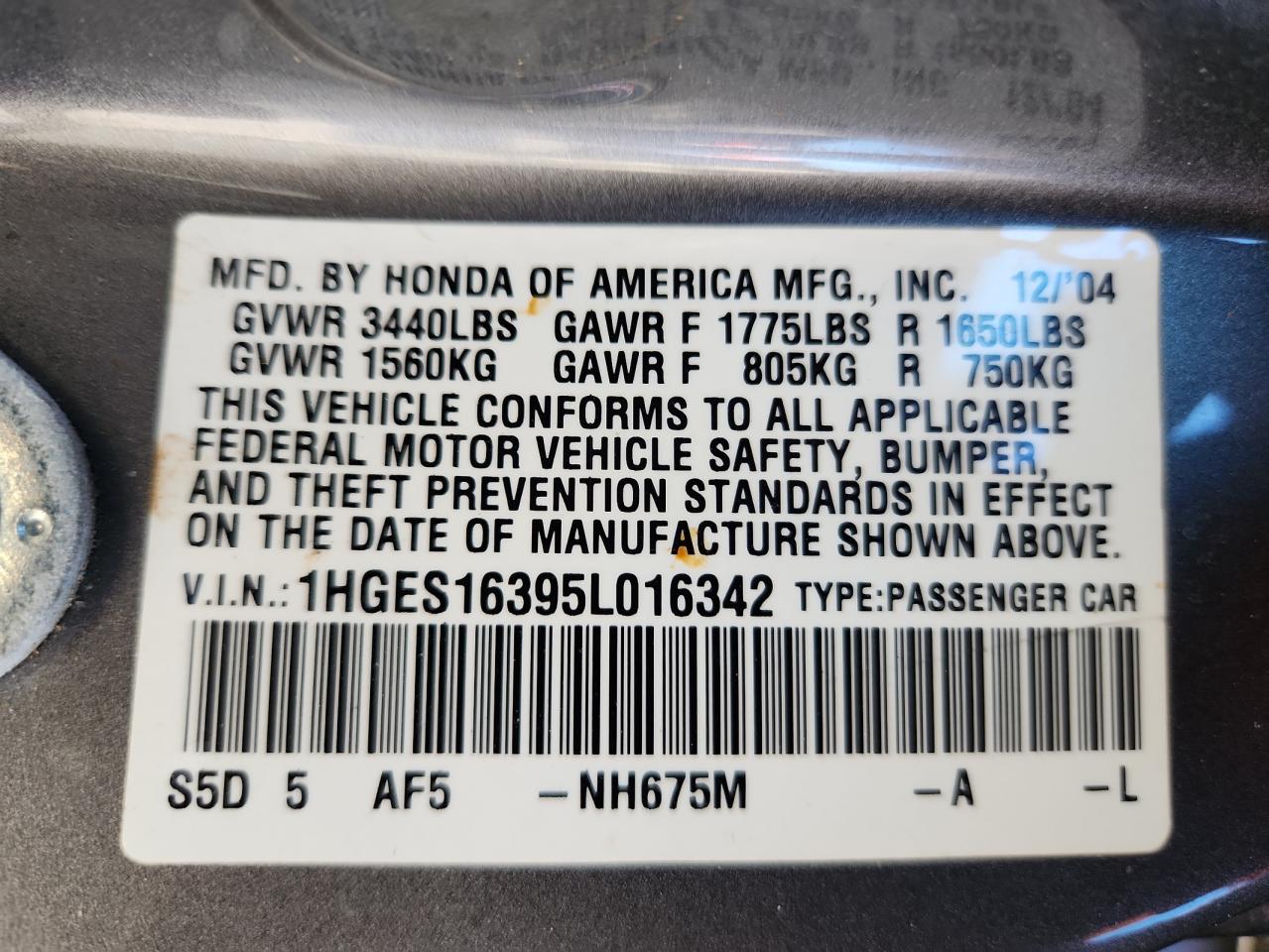 Lot #3292408267 2005 HONDA CIVIC DX V