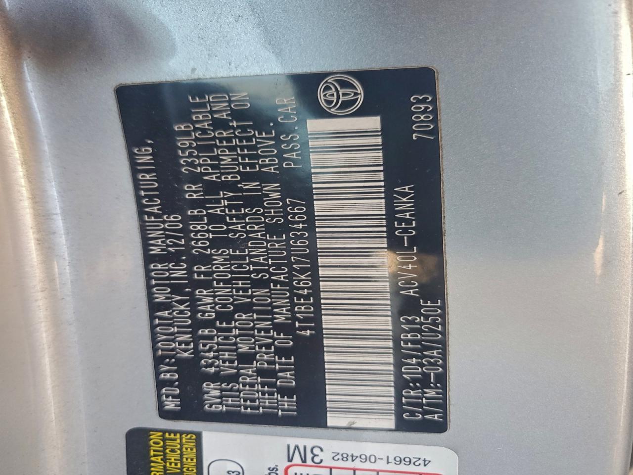 Lot #3310303048 2007 TOYOTA CAMRY CE