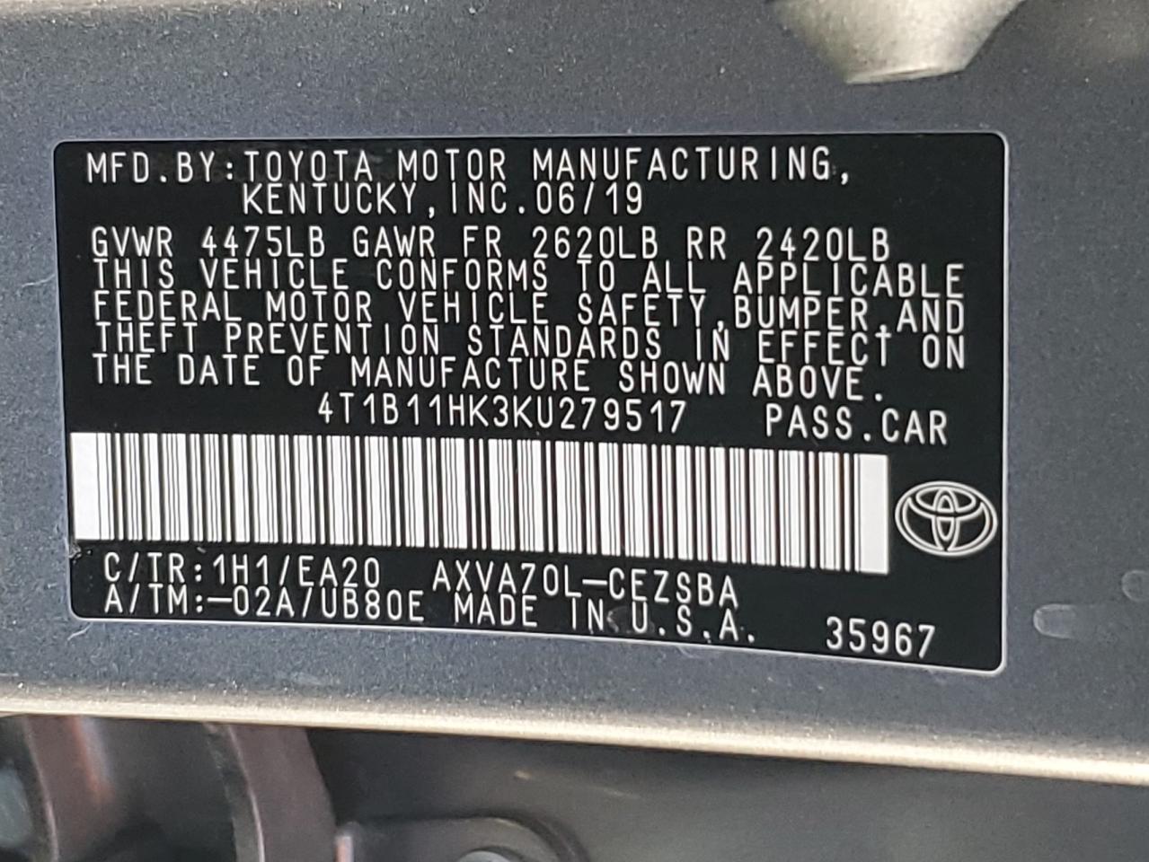 Lot #3302766401 2019 TOYOTA CAMRY L