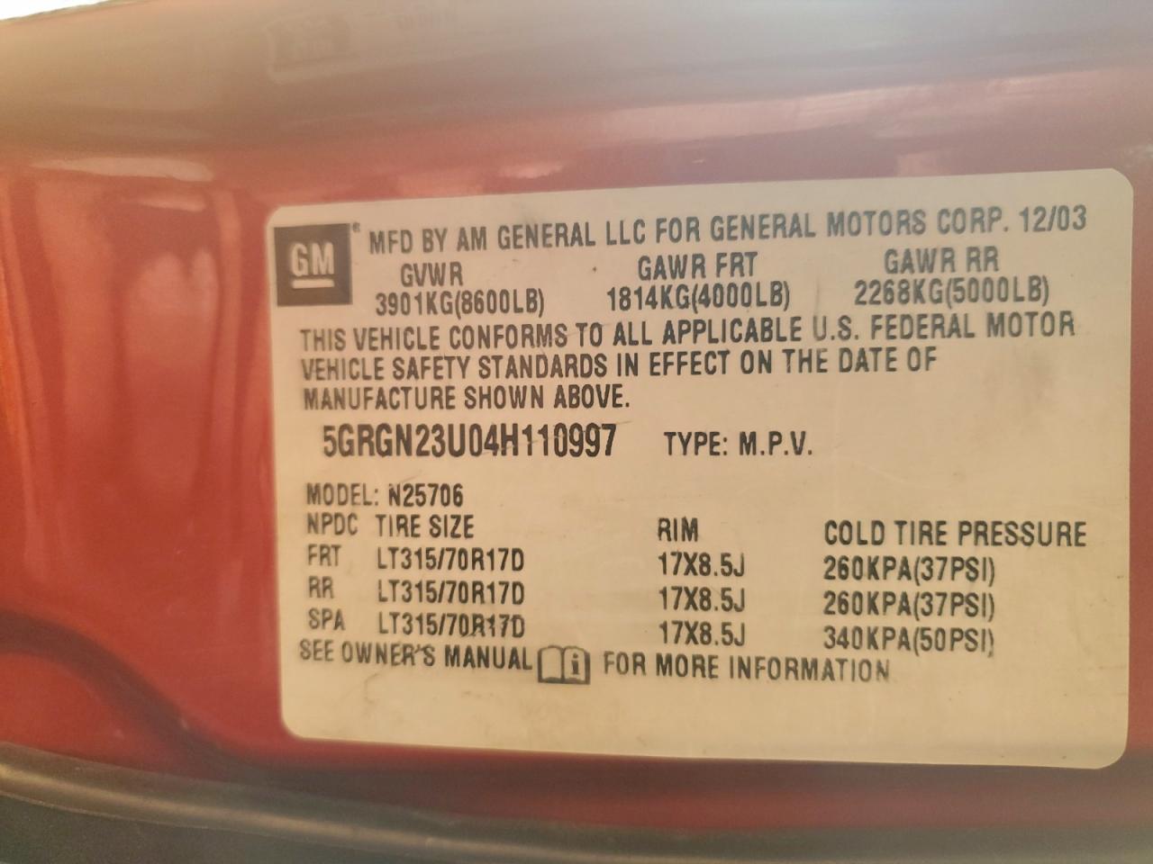 Lot #3301909429 2004 HUMMER H2