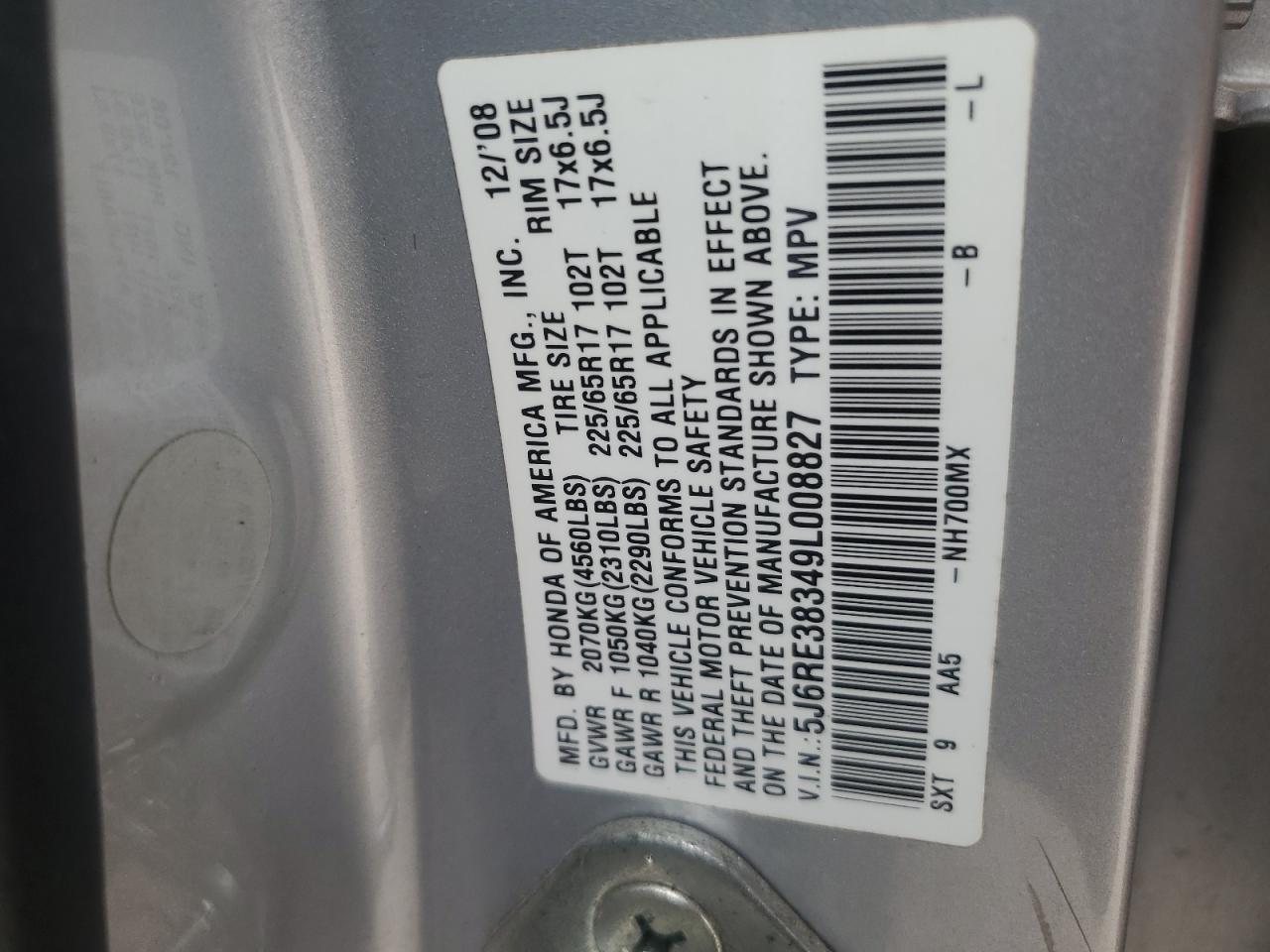 Lot #3284600328 2009 HONDA CR-V LX