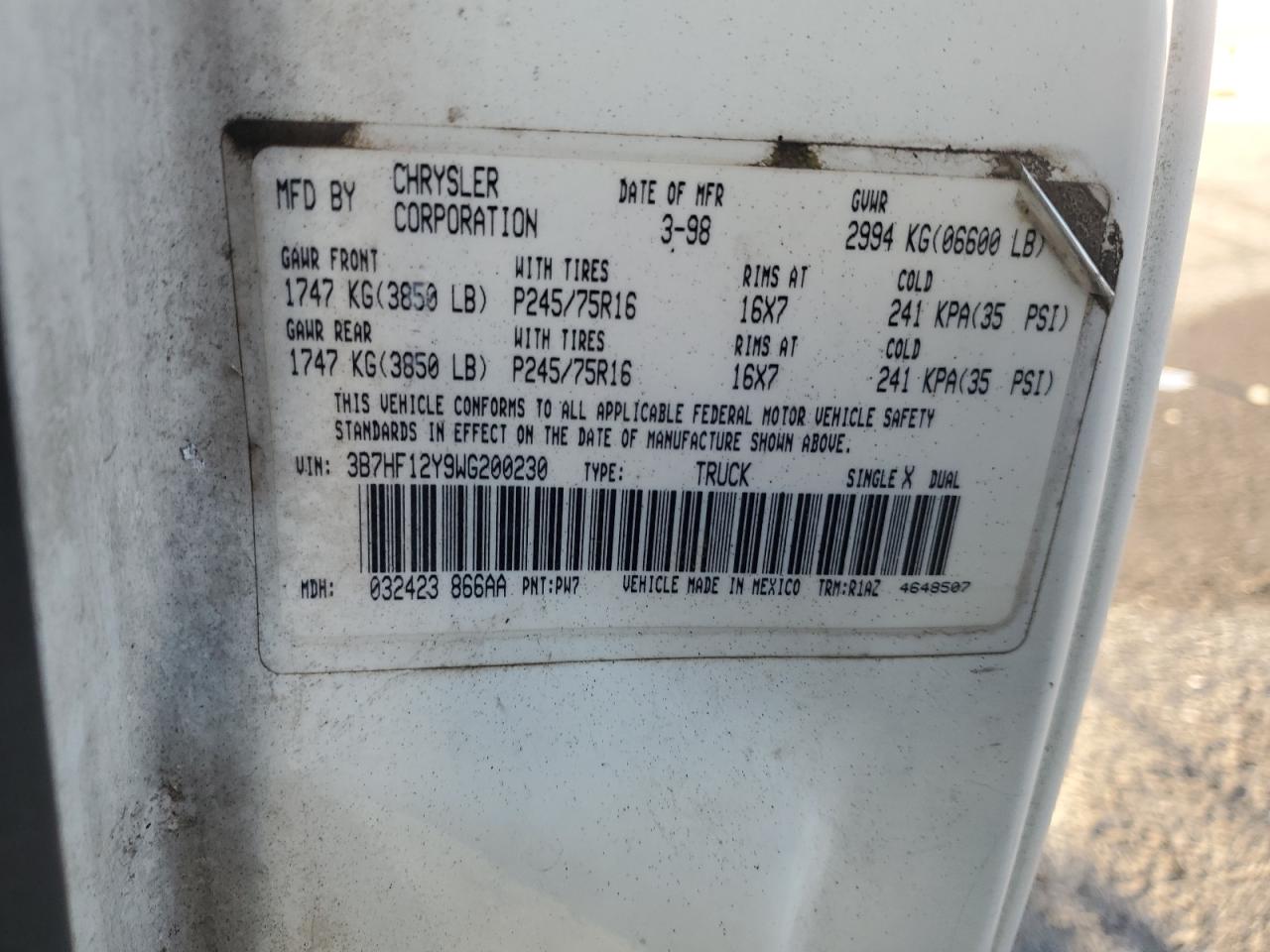 Lot #3301933447 1998 DODGE RAM 1500