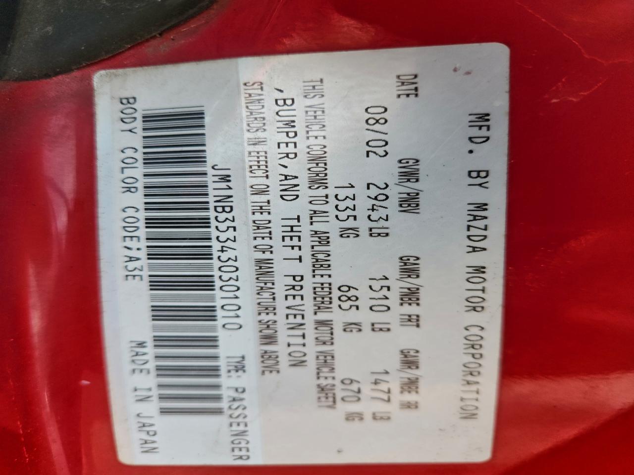 Lot #3301885431 2003 MAZDA MIATA