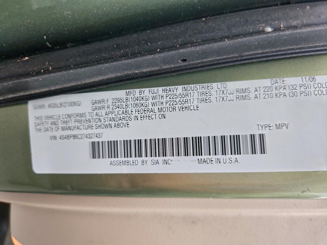 Lot #3297094516 2007 SUBARU OUTBACK OU