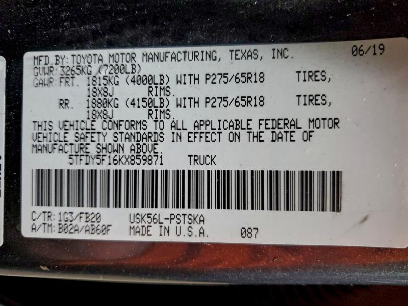 2019 TOYOTA TUNDRA CRE #3312523632