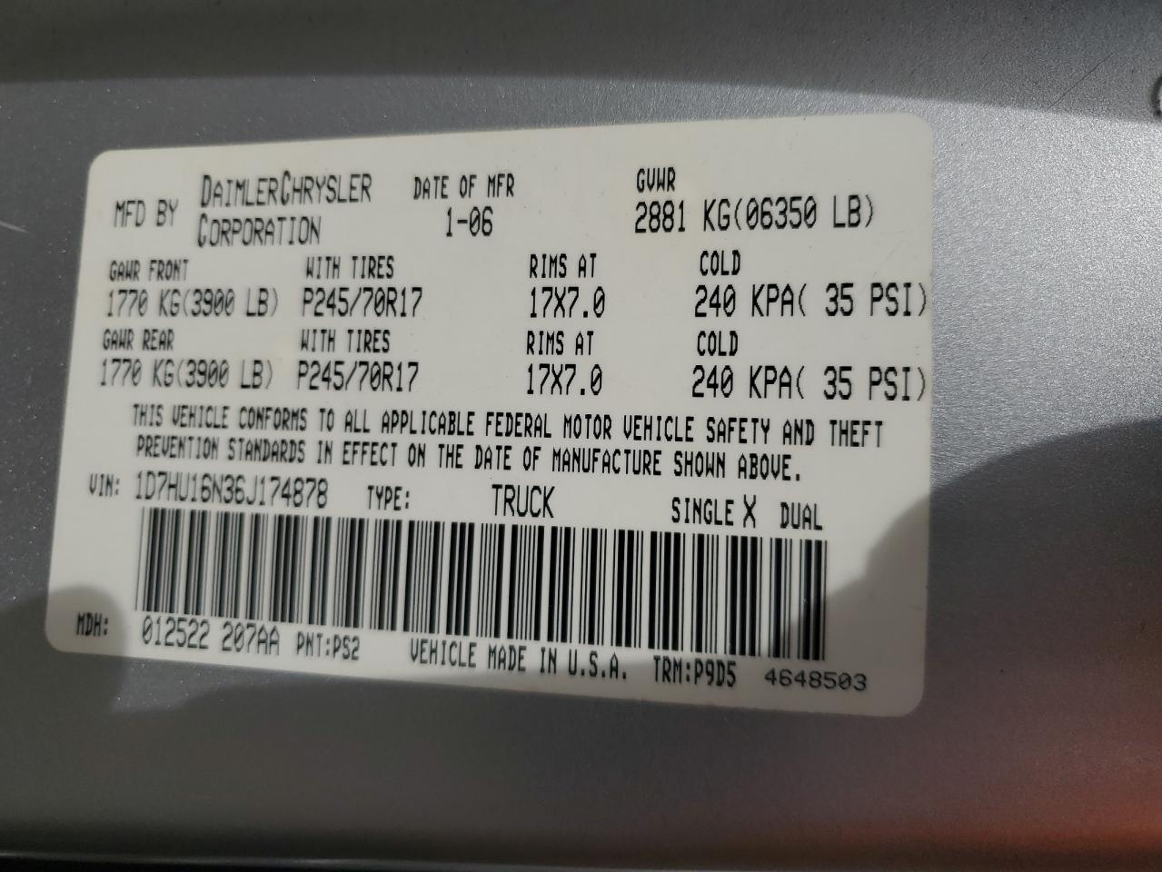 Lot #3302948650 2006 DODGE RAM 1500 S