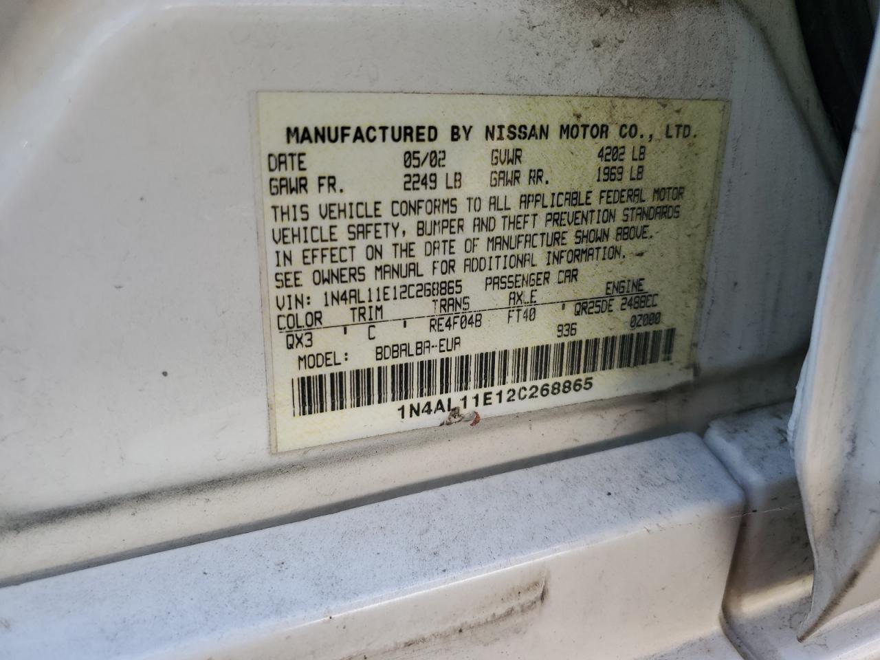 Lot #3294814769 2002 NISSAN ALTIMA BAS