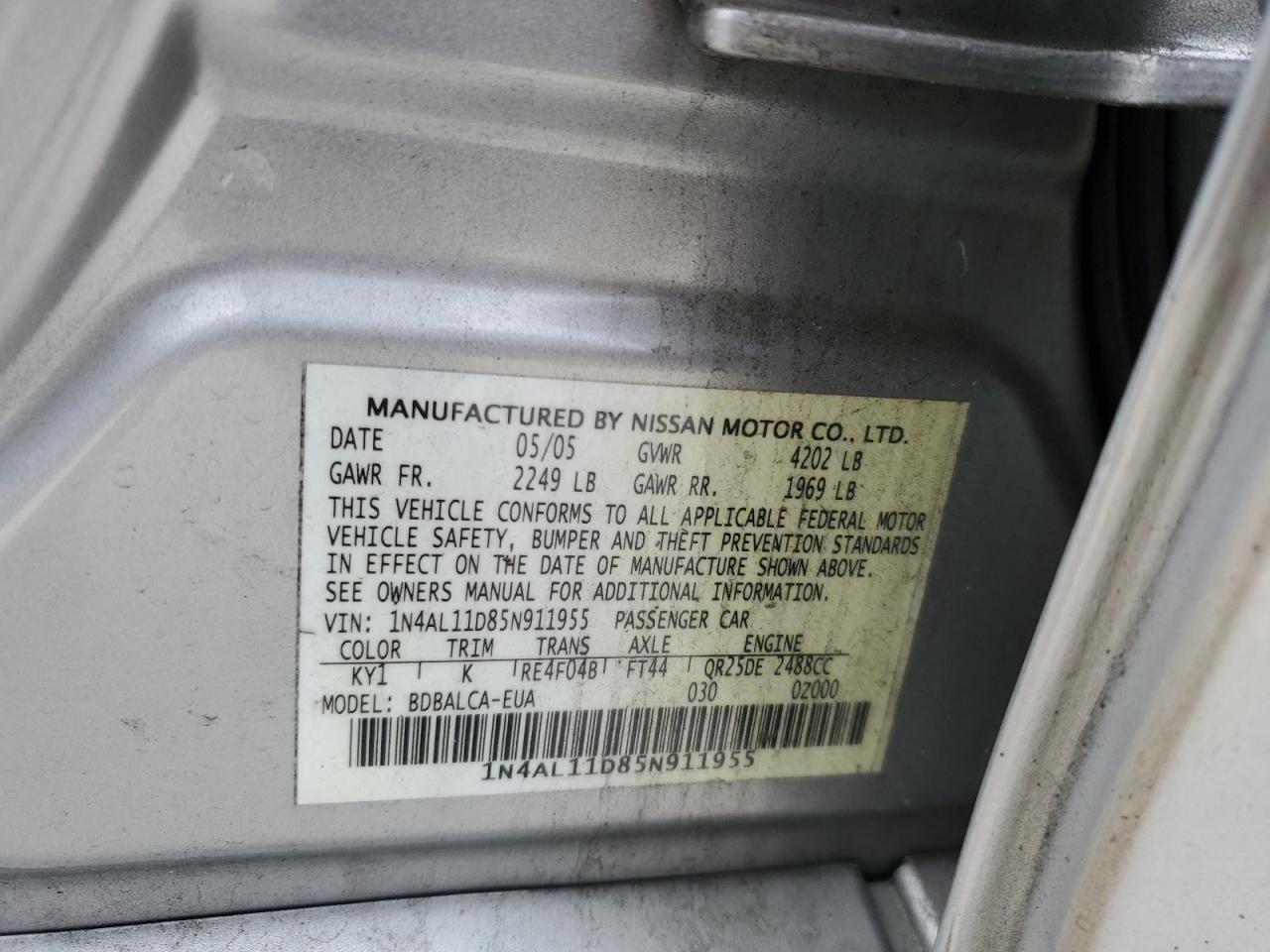 Lot #3292301296 2005 NISSAN ALTIMA S