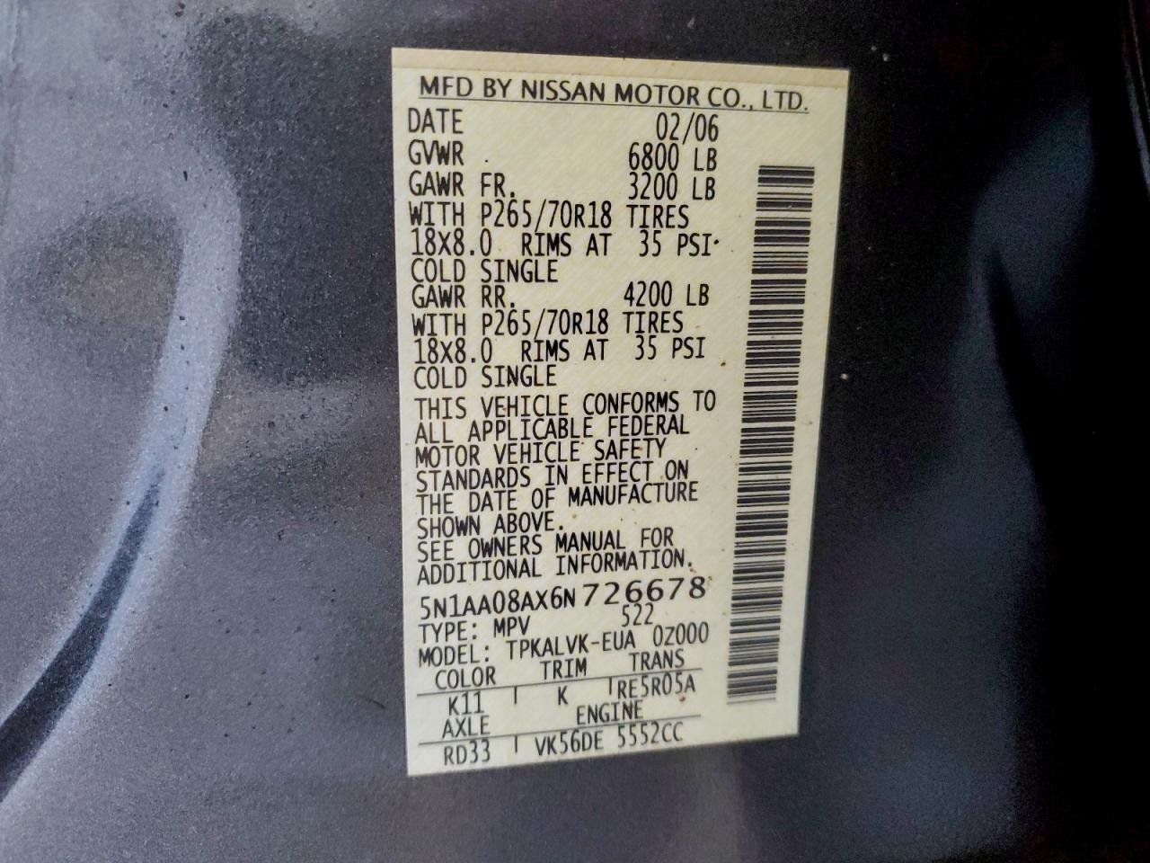 Lot #3297090494 2006 NISSAN ARMADA SE