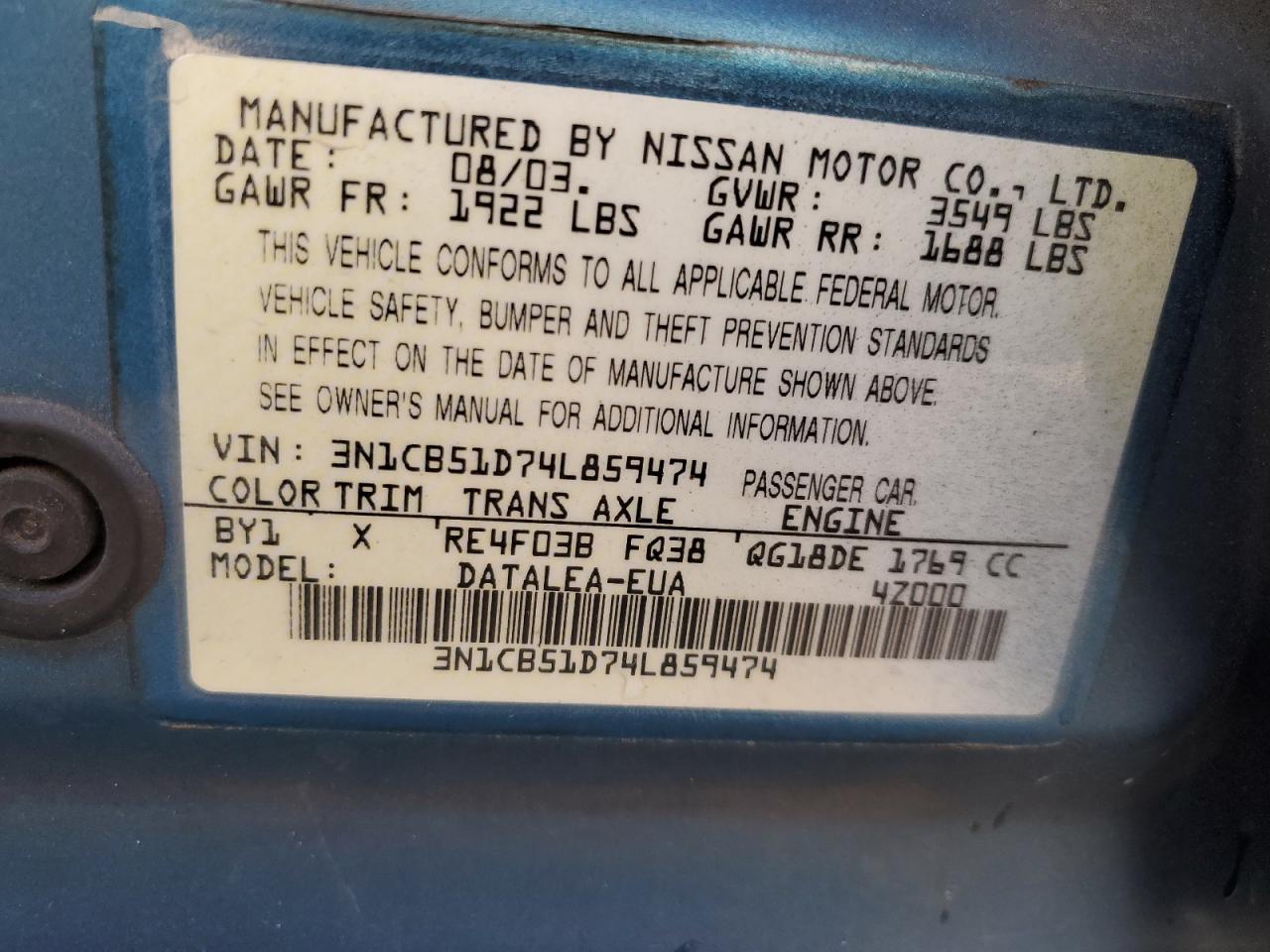 Lot #3282611883 2004 NISSAN SENTRA 1.8