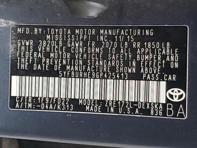 2016 TOYOTA COROLLA L #3304638950