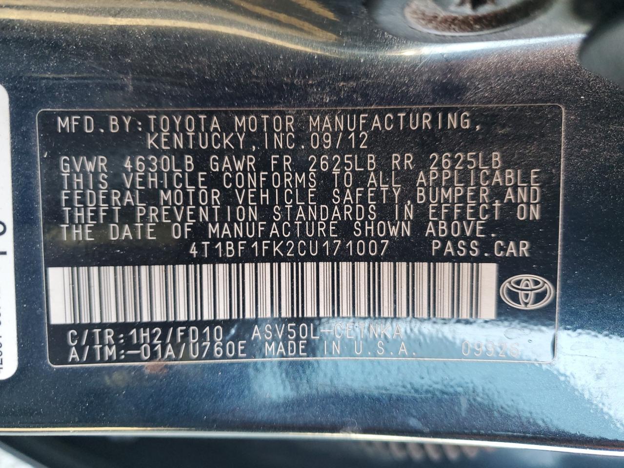 Lot #3302766402 2012 TOYOTA CAMRY BASE