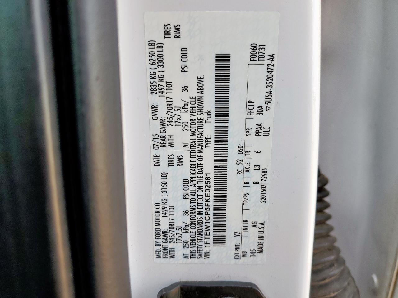 Lot #3296216480 2015 FORD F150