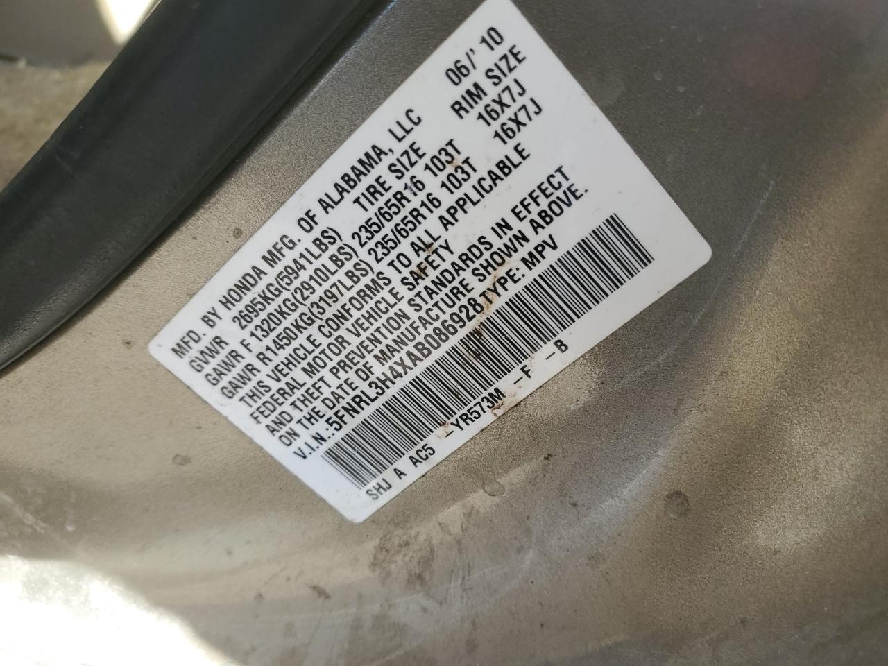 Lot #3292833590 2010 HONDA ODYSSEY EX