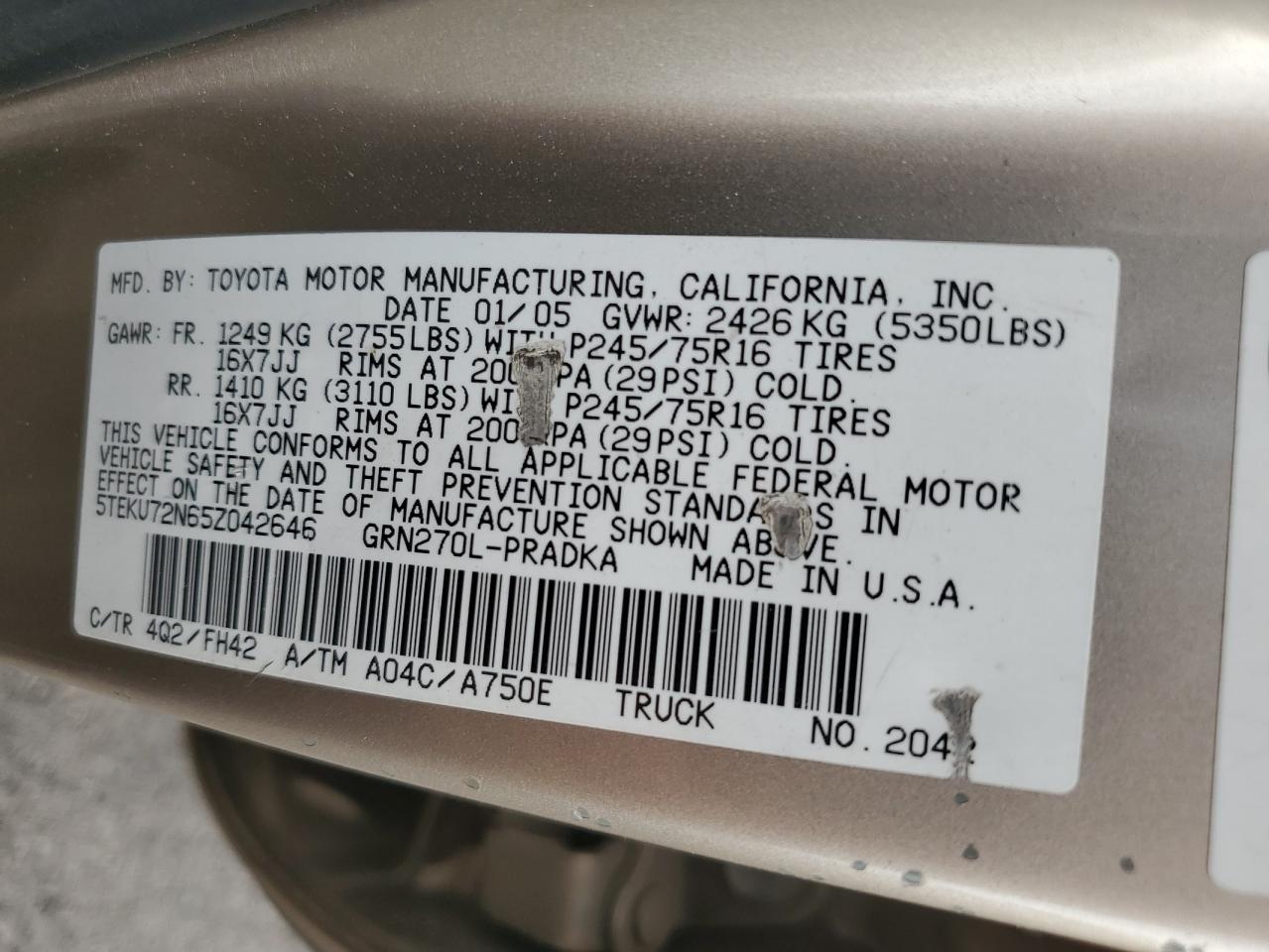 Lot #3282737287 2005 TOYOTA TACOMA DOU