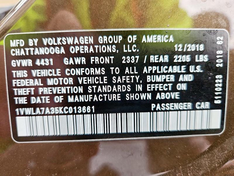 2019 VOLKSWAGEN PASSAT WOL #3316036301