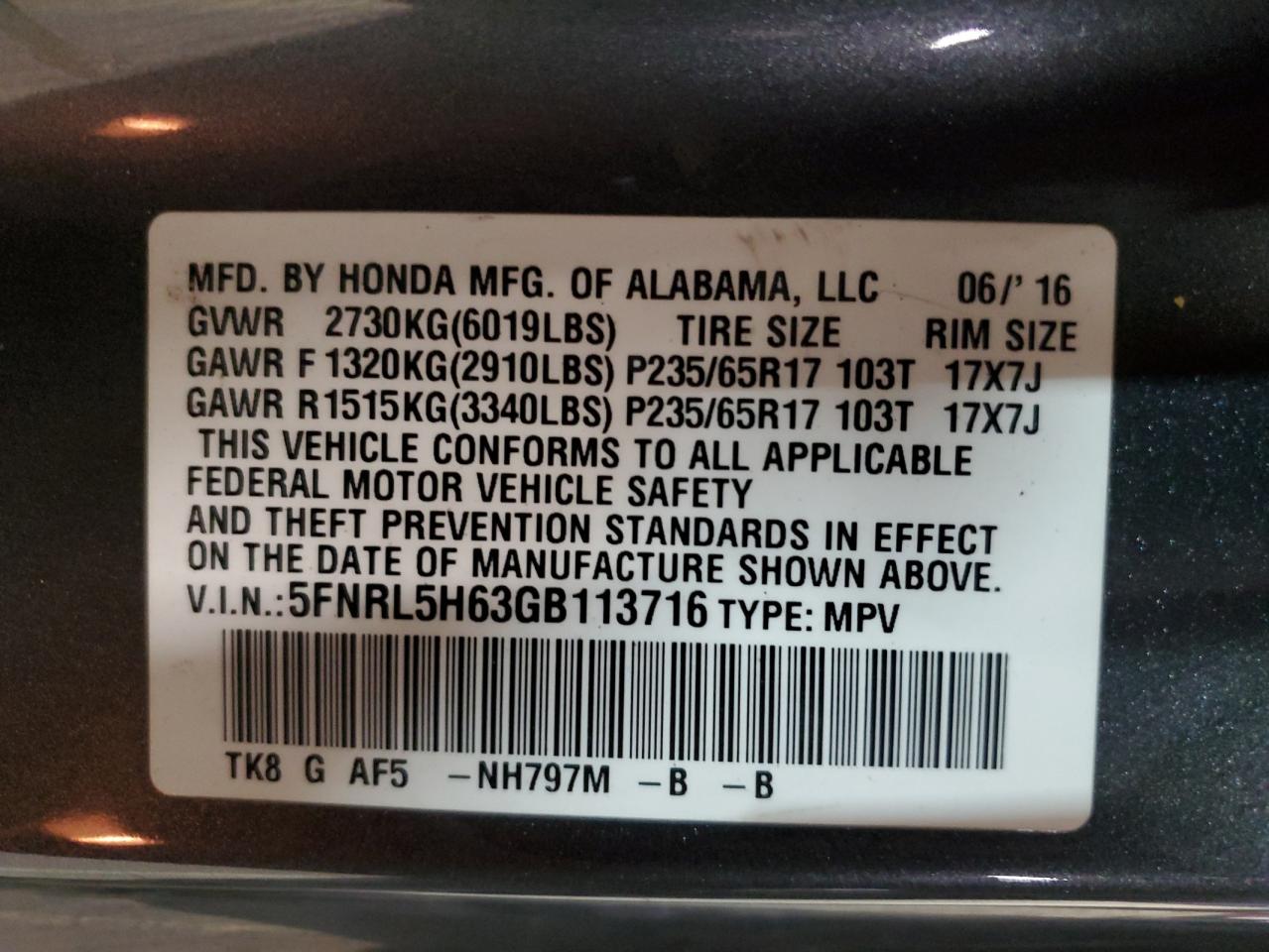 Lot #3278831279 2016 HONDA ODYSSEY EX