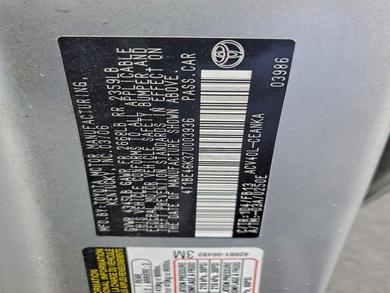 Lot #3298072139 2007 TOYOTA CAMRY CE