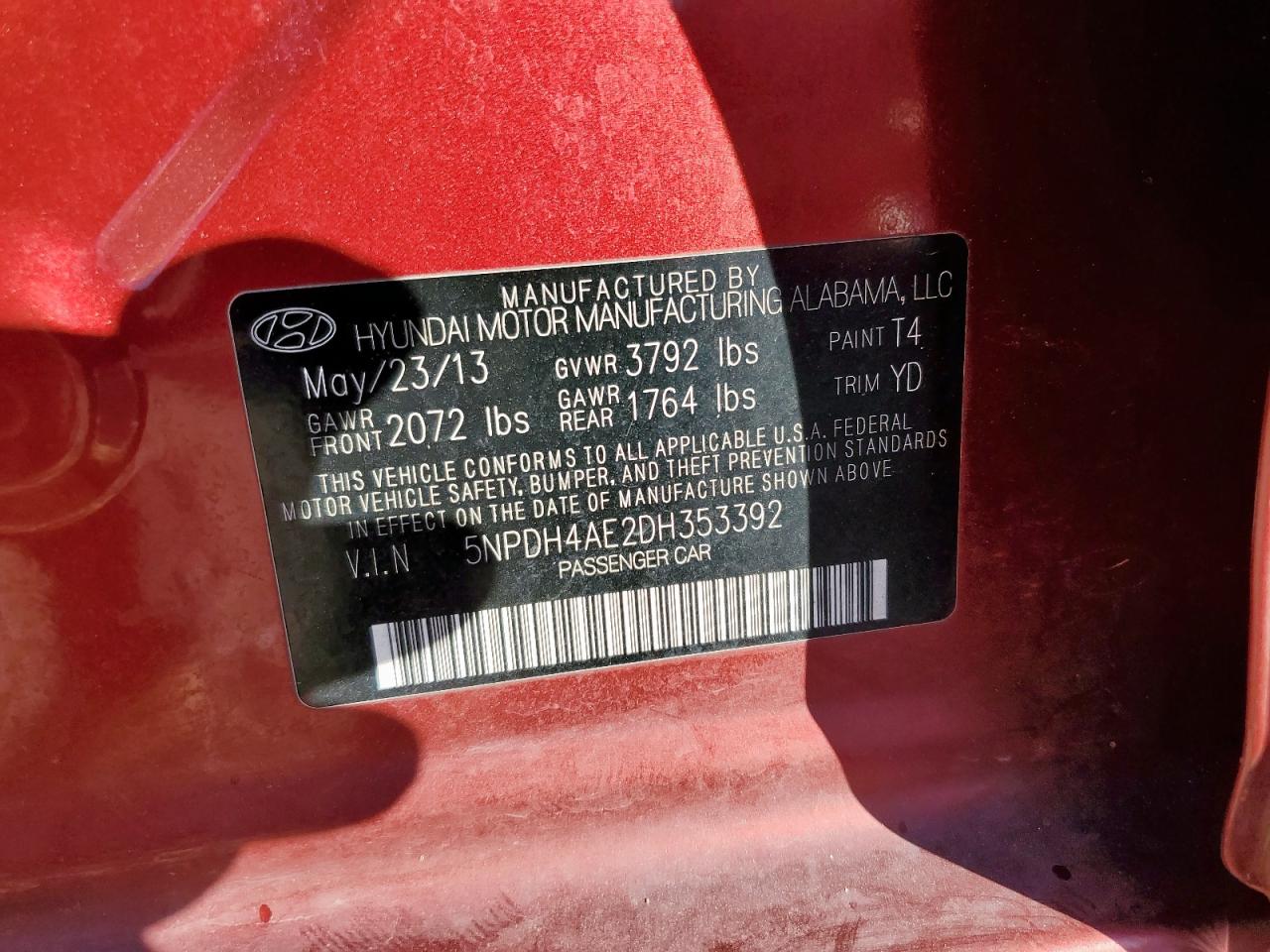 Lot #3312248539 2013 HYUNDAI ELANTRA GL