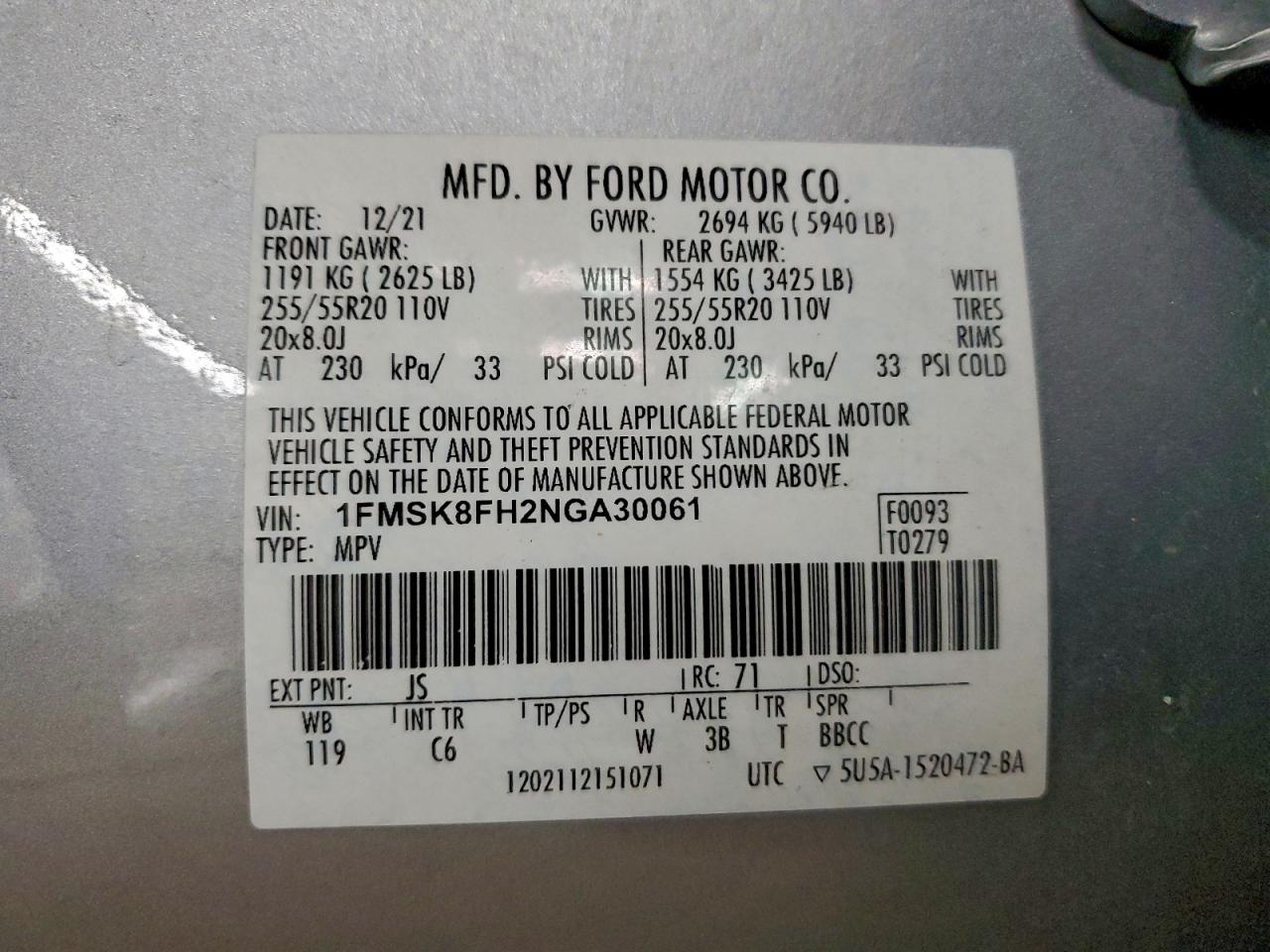 Lot #3302732014 2022 FORD EXPLORER L