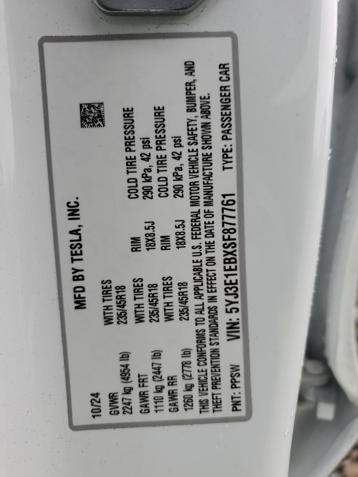 Lot #3318906922 2025 TESLA MODEL 3