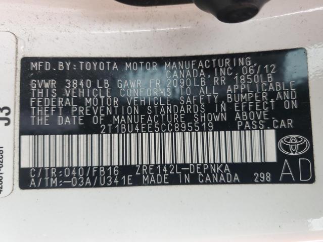 2012 TOYOTA COROLLA BA #3293368429