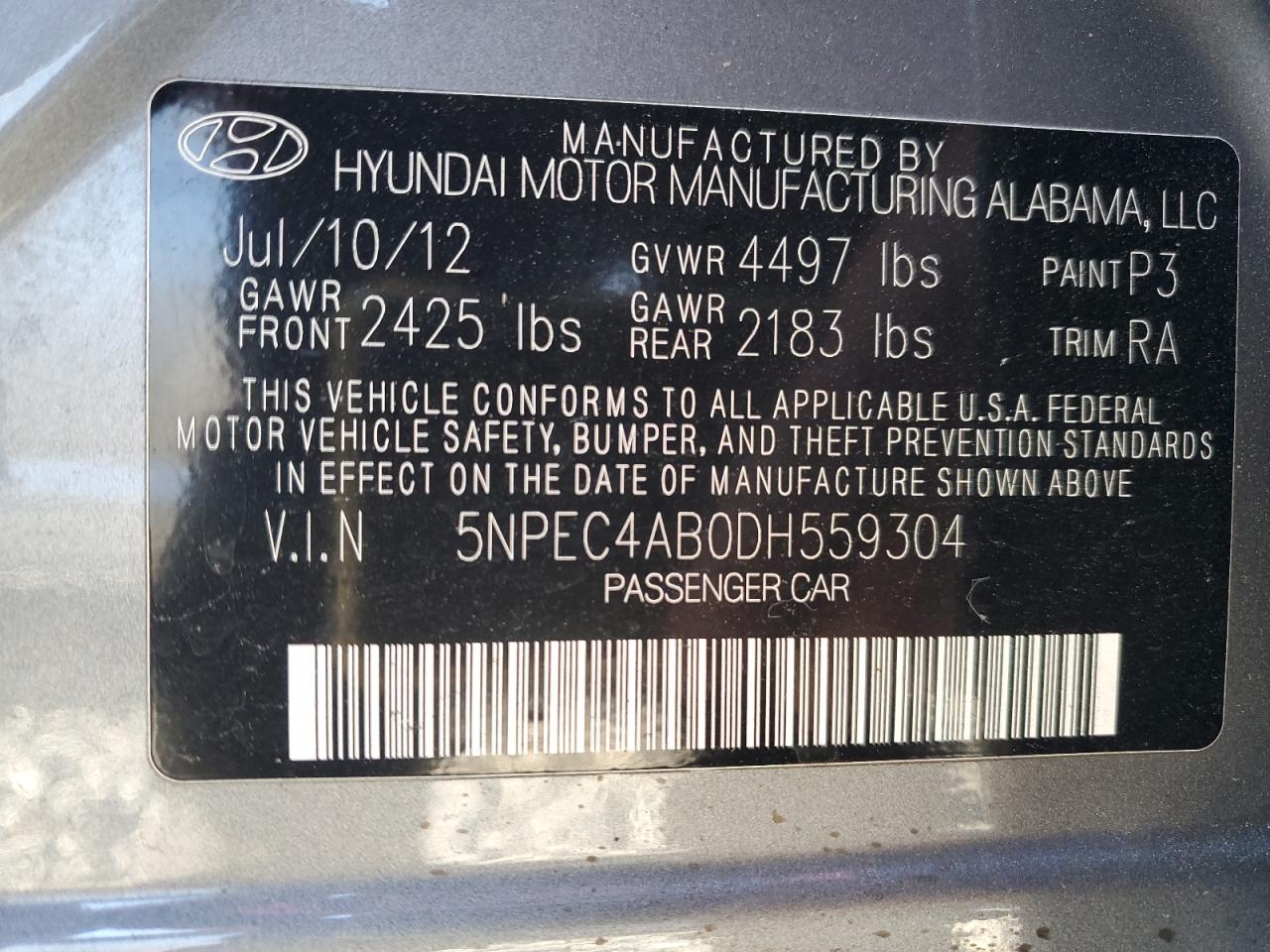 Lot #3287313002 2013 HYUNDAI SONATA SE