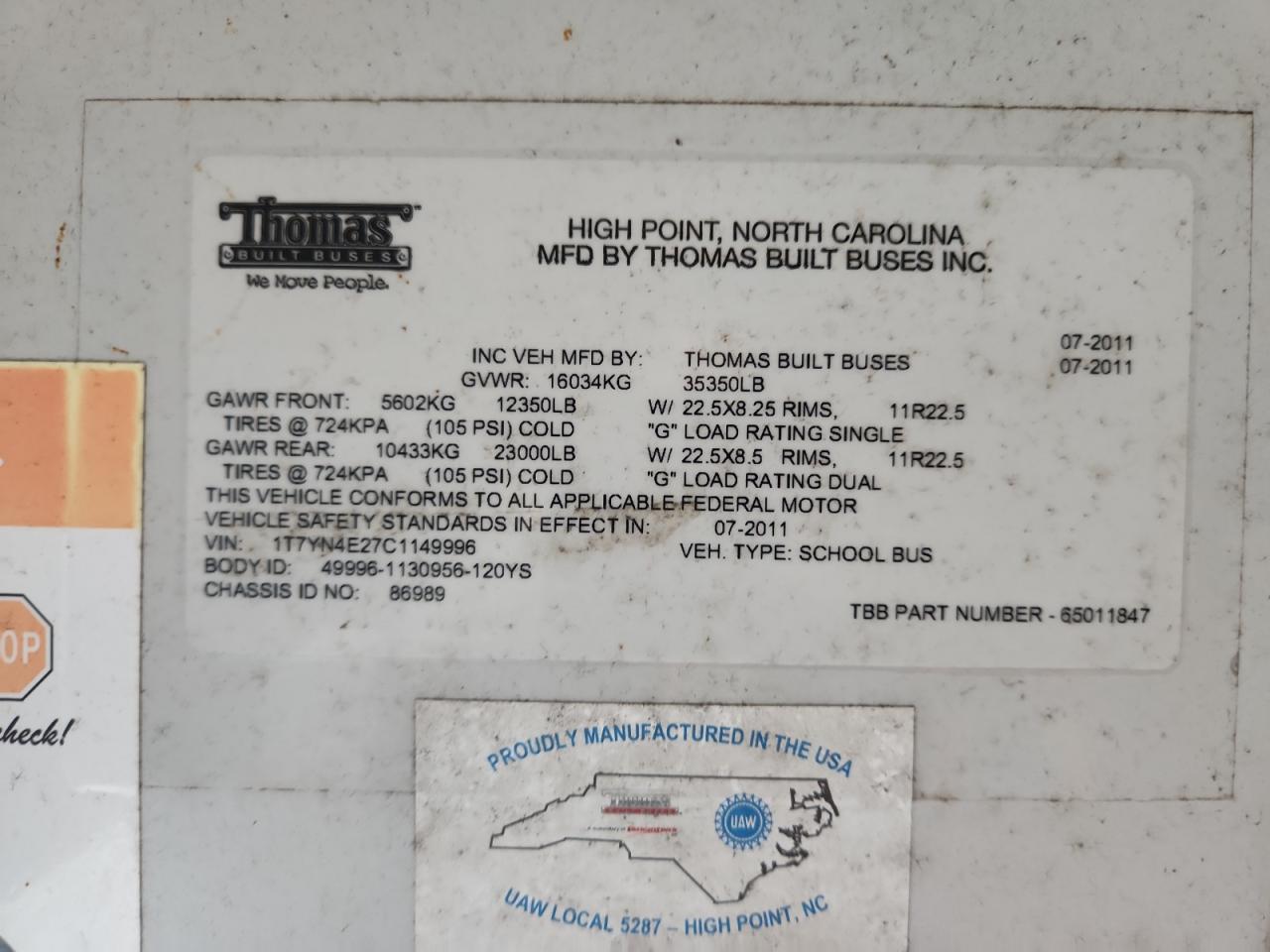 Lot #3280406281 2012 THOMAS SAF-T-LINER HDX