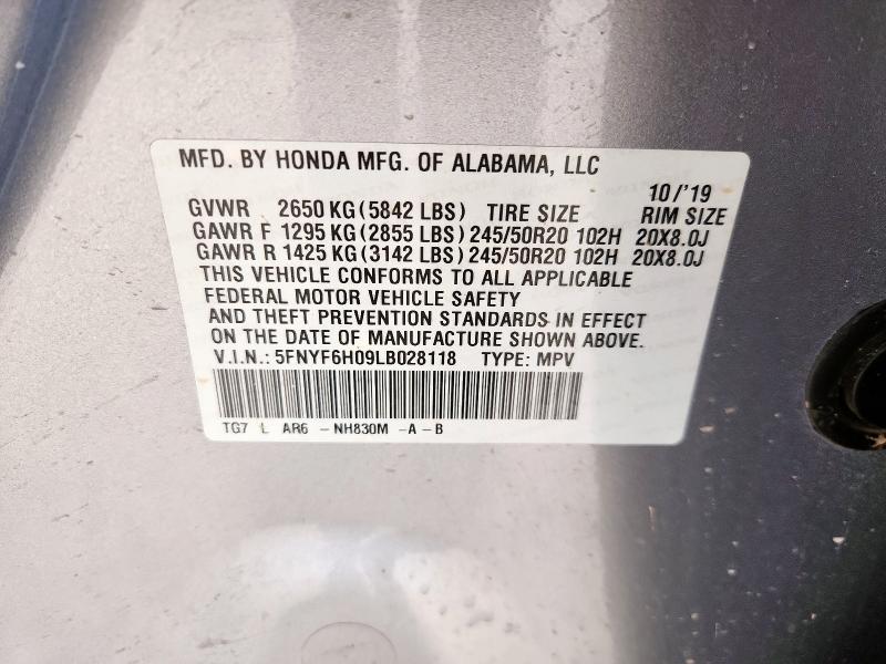 2020 HONDA PILOT ELIT #3298059159