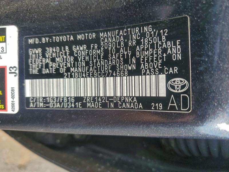 2012 TOYOTA COROLLA BA #3296255445