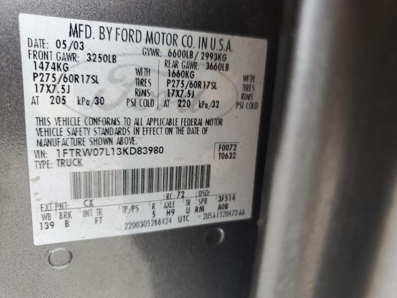 Lot #3287827108 2003 FORD F150 SUPER