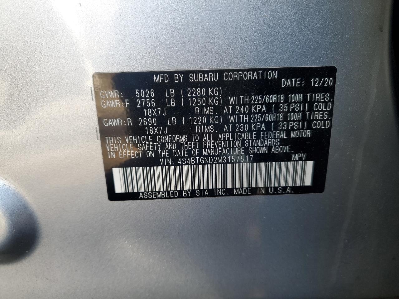 Lot #3312424643 2021 SUBARU OUTBACK LI