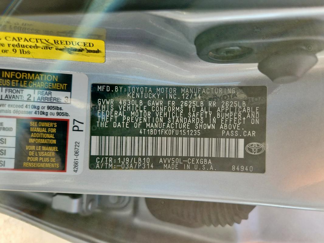 2015 TOYOTA CAMRY HYBR #3290352766