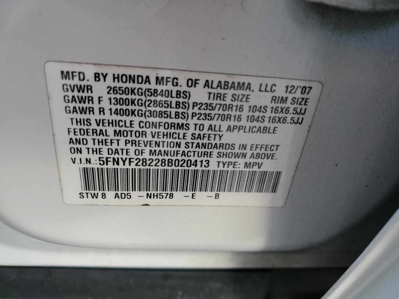 Lot #3301782372 2008 HONDA PILOT VP