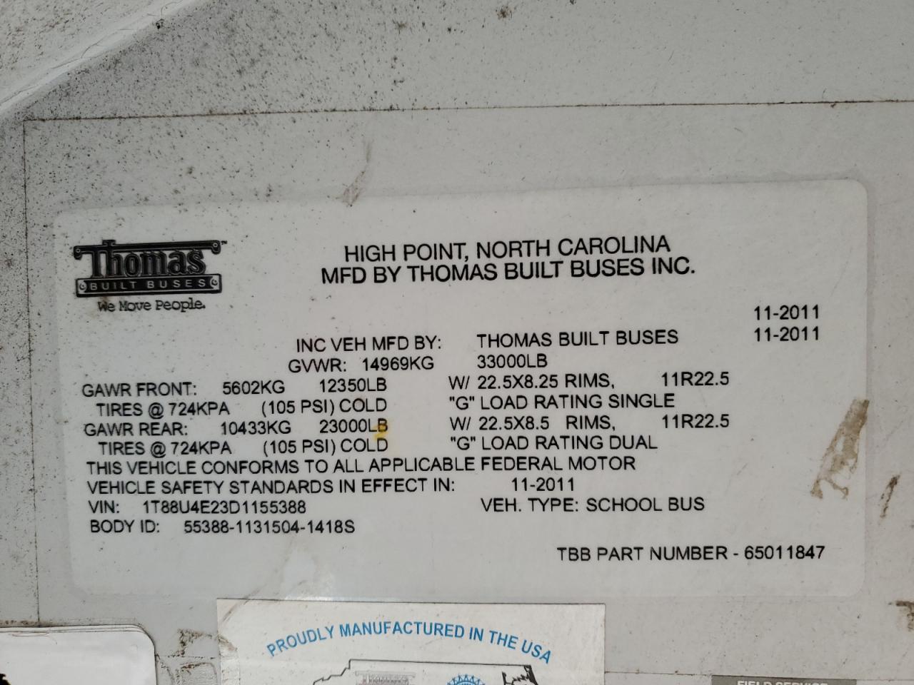 Lot #3285637323 2013 THOMAS SCHOOL BUS