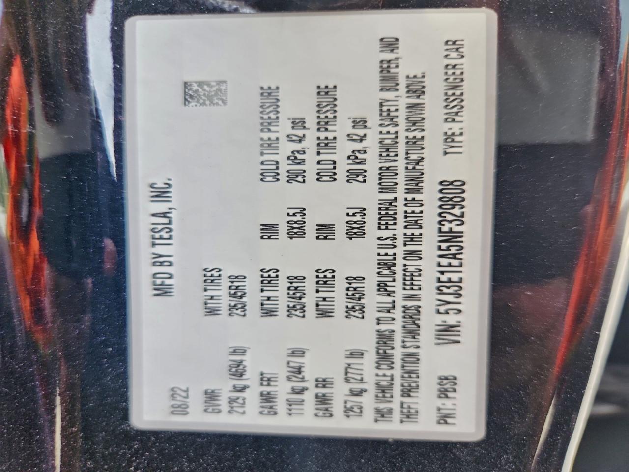 Lot #3302855945 2022 TESLA MODEL 3